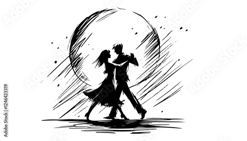 couple dancing under moonlight black vector sketch illustration