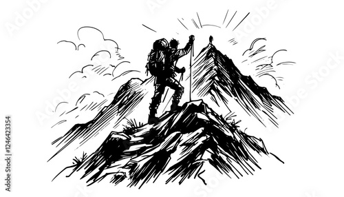 mountain climber reaching summit black vector sketch engraving