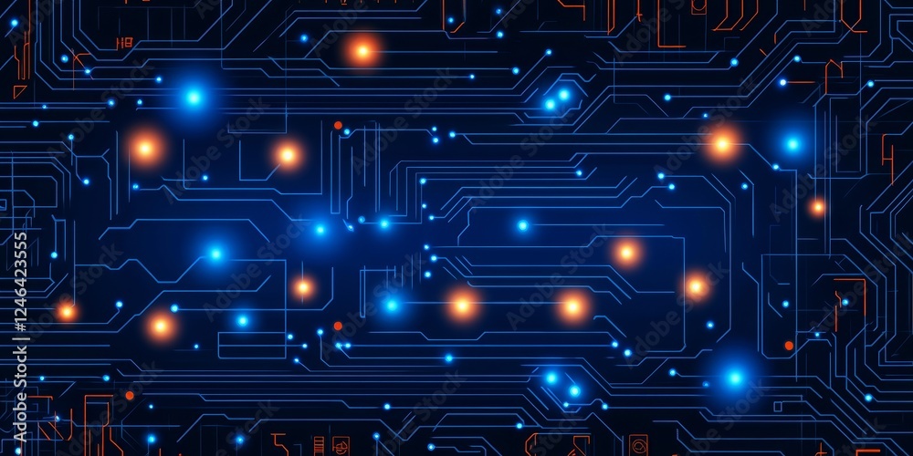 Fototapeta premium Blue Circuit Board with Glowing Orange and Blue Lights, Technology Background, Digital Network