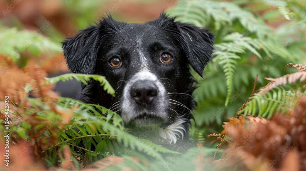 A curious black and white dog peeking through lush green ferns in a serene forest setting A curious black and white dog peeking through lush green ferns in a serene forest setting