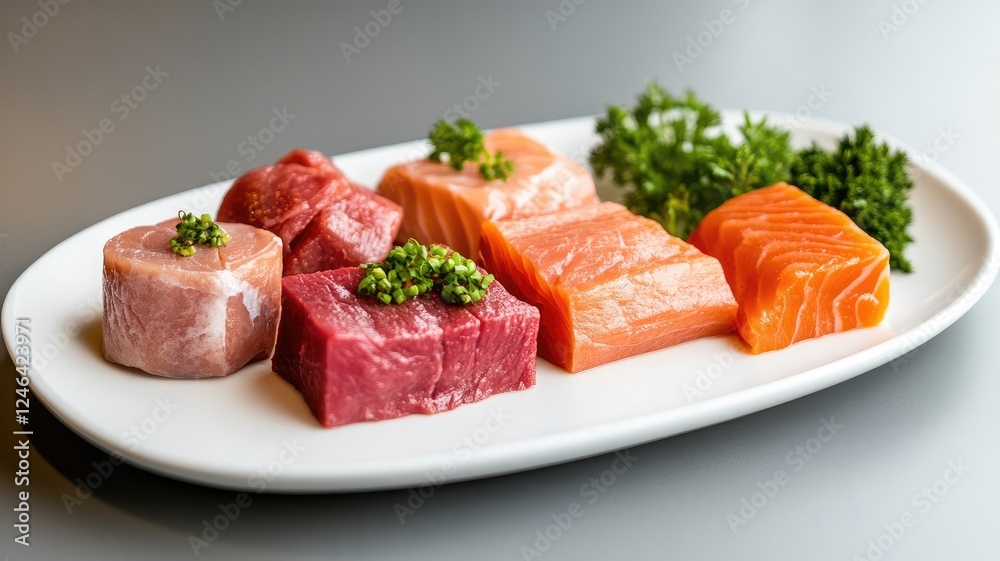 Assorted fresh raw fish fillets with herbs on white plate Assorted fresh raw fish fillets with herbs on white plate