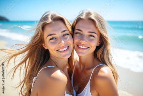 two young women standing on sunny beach long straight hair photo