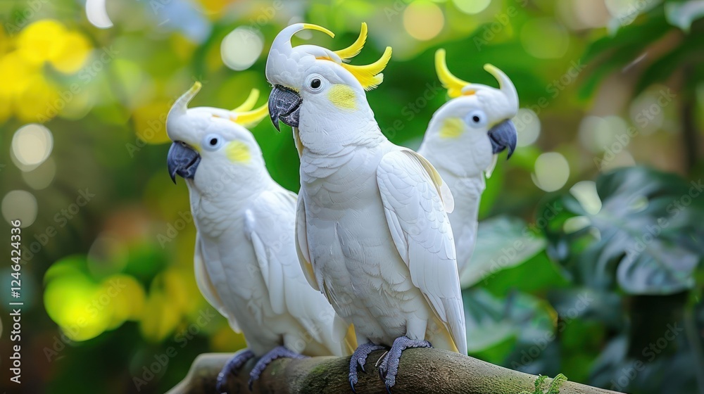 Three vibrant white cockatoos perched on a branch amidst lush greenery and colorful foliage Three vibrant white cockatoos perched on a branch amidst lush greenery and colorful foliage