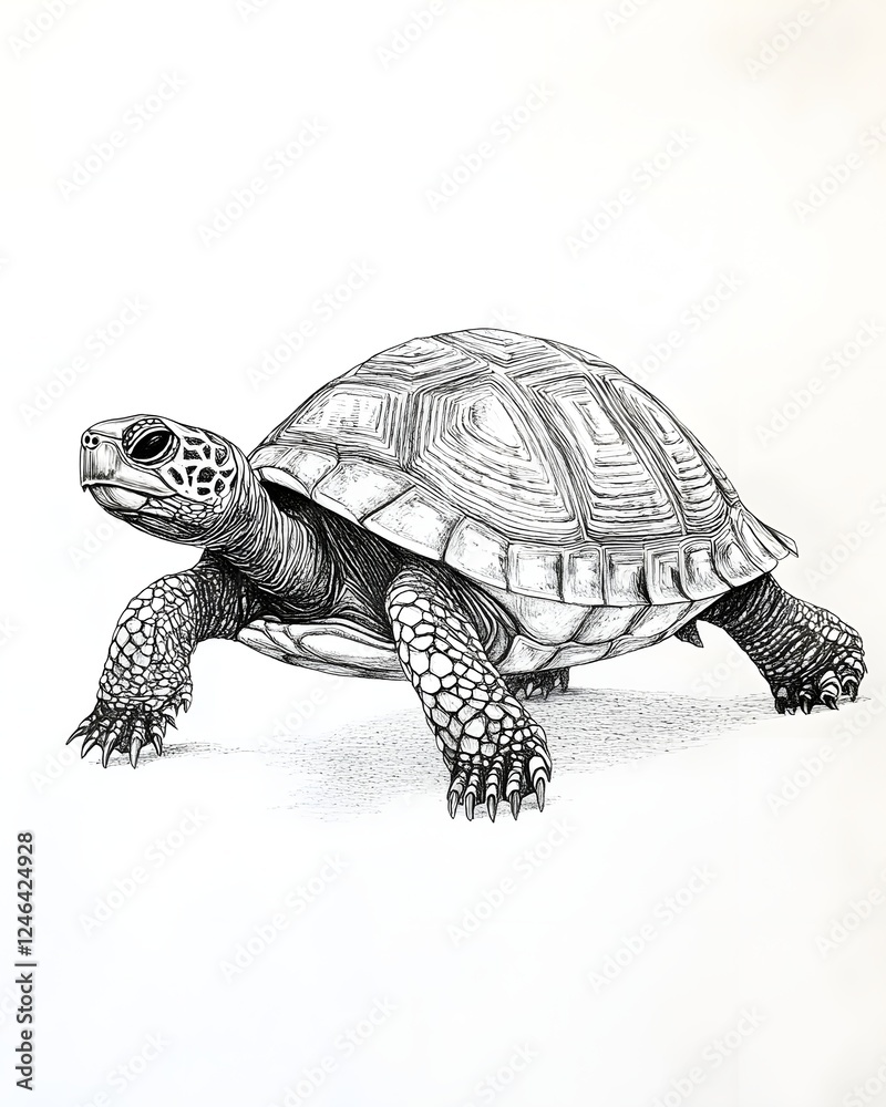 Fototapeta premium Realistic pencil drawing of a turtle walking on a white background, showcasing intricate details