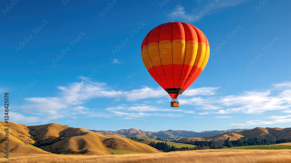Obraz premium Colorful hot air balloon flying over scenic countryside landscape