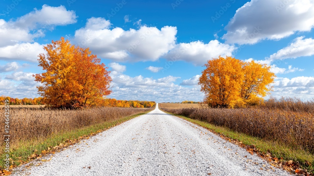 Autumnal gravel road, vibrant trees, rural landscape, scenic drive Autumnal gravel road, vibrant trees, rural landscape, scenic drive