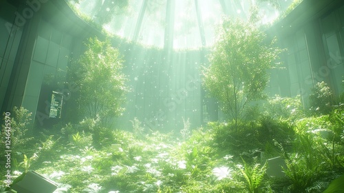 Overgrown circular room, sunlight streams through the dome.