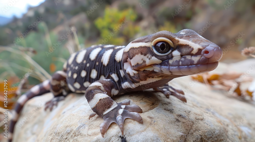 Close-up of a spotted lizard resting on a rock in a vibrant natural landscape with foliage Close-up of a spotted lizard resting on a rock in a vibrant natural landscape with foliage
