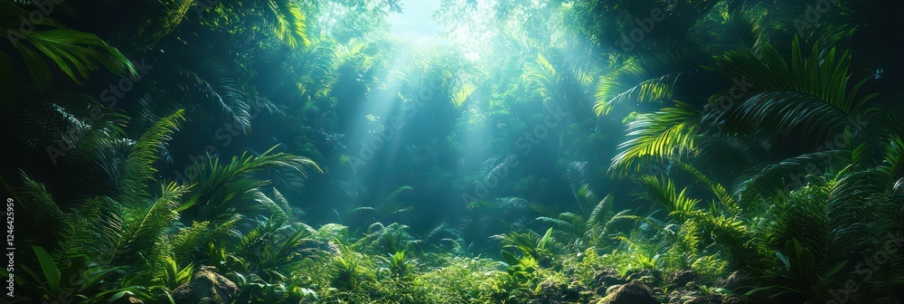 Fototapeta premium Sunbeams Illuminating Lush Tropical Rainforest