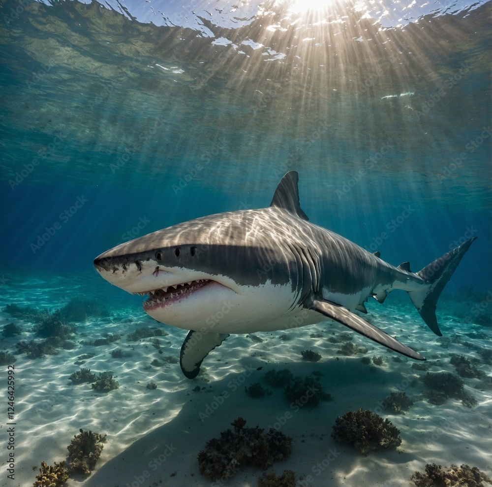 Naklejka premium A great white shark swimming in clear turquoise waters, sunlight filtering through the waves, with a bright sandy ocean floor beneath.