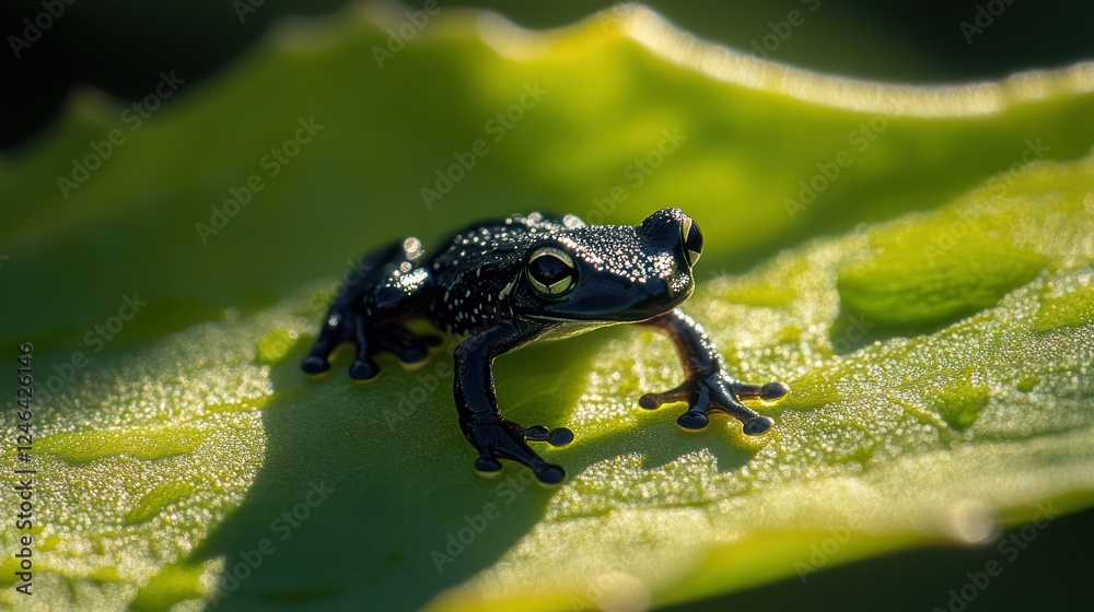 Tiny dark frog perched on a succulent leaf. Tiny dark frog perched on a succulent leaf.