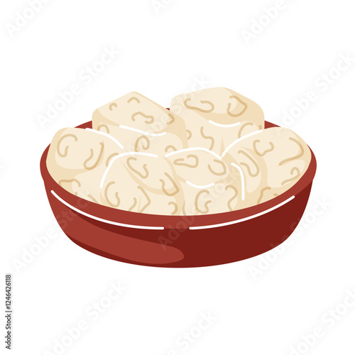 Bowl filled with white cheese Beyaz peynir cubes in cartoon. Ideal for turkish breakfast, culinary menu design. Isolated on a white background.