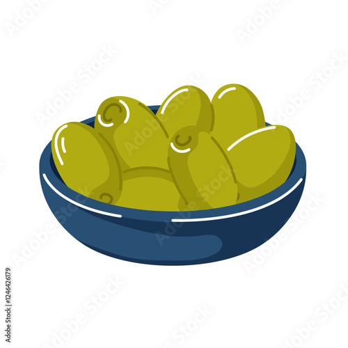Green olives in a blue bowl in cartoon. Vector illustration isolated on white background.