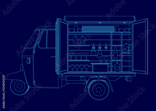 A blue drawing of a food truck with a blue background. The truck is shown in a stylized way, with a focus on its interior. Scene is casual and relaxed