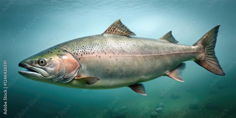 Single salmon with mucus coating its body floating in the sea, aquatic, underwater, algae, ocean, single fish Single salmon with mucus coating its body floating in the sea, aquatic, underwater, algae, ocean, single fish