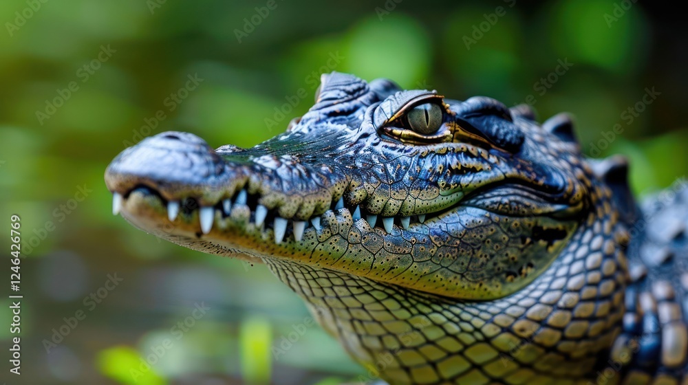 Fototapeta premium Close-up of a crocodile's head emerging from water surrounded by lush greenery
