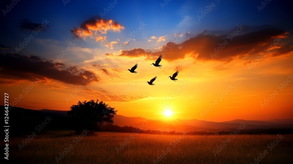 Sunset Silhouette Birds in Flight Over Golden Field Sunset Silhouette Birds in Flight Over Golden Field