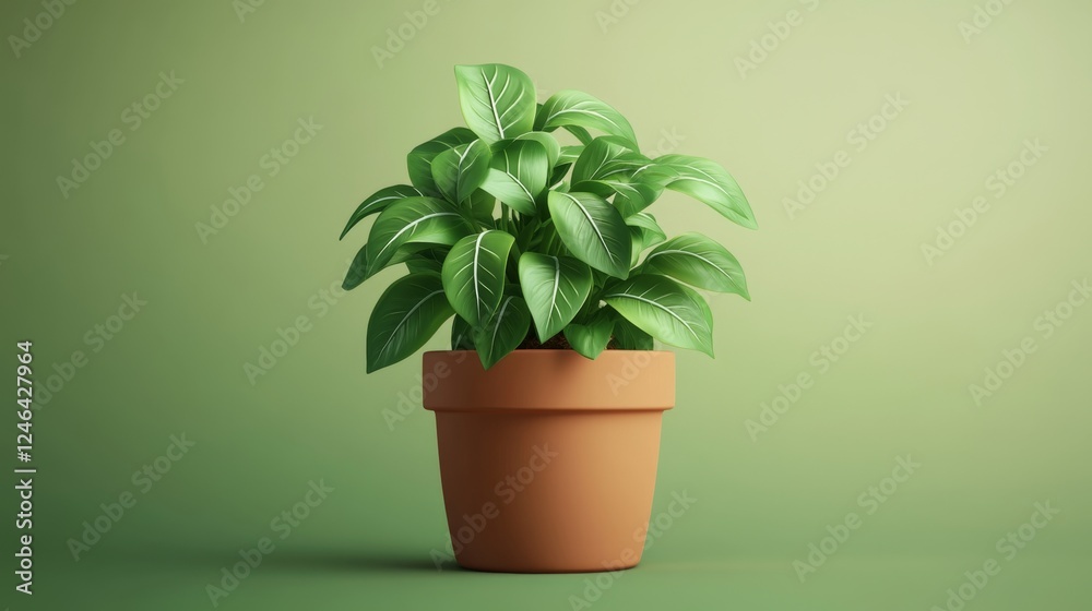 Fototapeta premium Fresh Green Plant in Clay Pot on Soft Green Background