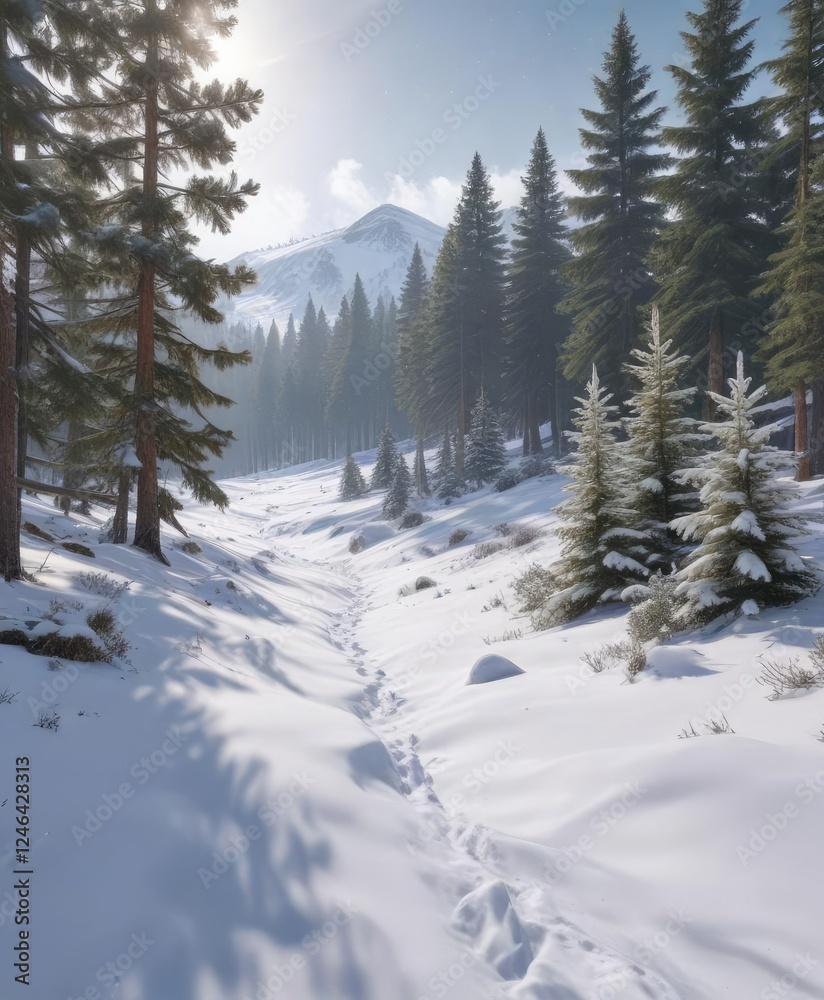 Fototapeta premium snowflakes gently falling on the ground of a snow covered slope with pine trees in the background, pine trees, frozen hill