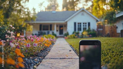 Charming House with Vibrant Garden and Smartphone in Foreground