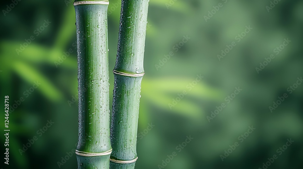 Obraz premium Close-up of vibrant green bamboo stalks with water droplets against a blurred natural background
