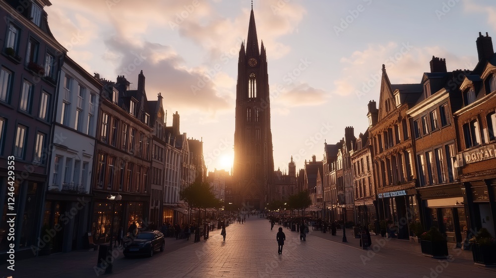 Naklejka premium Sunset View of Medieval City Center and Tall Tower