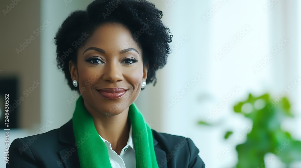 Black professional woman in a virtual meeting, St. Patrick’s Day celebration background, dressed in business casual with a green scarf Black professional woman in a virtual meeting, St. Patrick’s Day celebration background, dressed in business casual with a green scarf