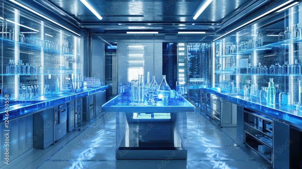 Obraz premium A futuristic AI-driven molecular drug discovery system in a biotech research lab.