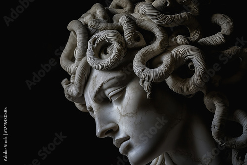 Marble statue of Medusa Gorgon, a monster with a female face and snakes instead of hair. Antique marble statue. Ancient Roman and Greek mythology. photo