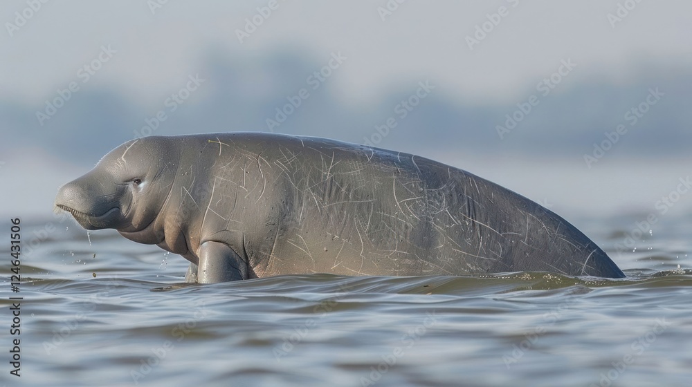 A serene river scene featuring a manatee swimming gracefully in calm waters with blurred greenery in the background A serene river scene featuring a manatee swimming gracefully in calm waters with blurred greenery in the background