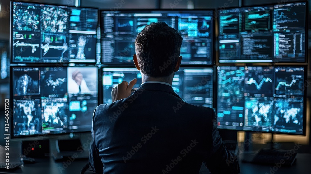 Businessman Analyzing Data on Multiple Computer Screens in Office Businessman Analyzing Data on Multiple Computer Screens in Office