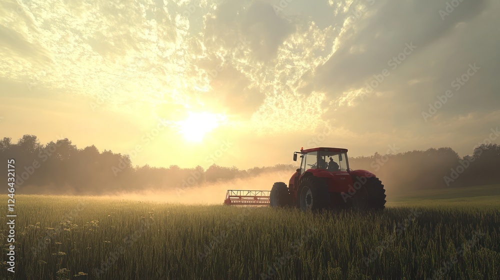 Fototapeta premium Tractor harvesting wheat field at sunset.