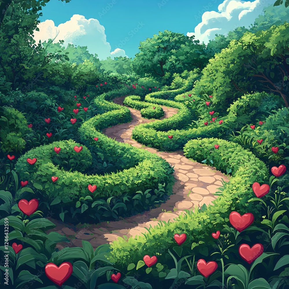 Obraz premium A vector illustration of an enchanted garden maze with heart-shaped hedges leading to a secret spot.