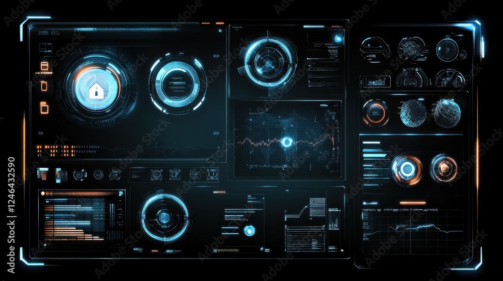 Fototapeta premium A futuristic cybersecurity interface with glowing protection icons and a modern tech aesthetic.