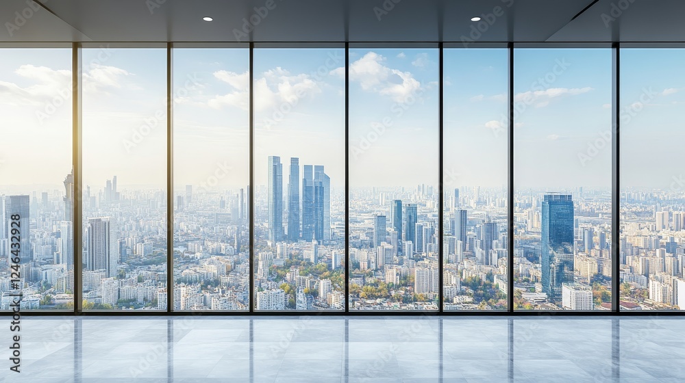 Fototapeta premium Blurred glass wall with a cityscape background creating a modern abstract effect. Contemporary urban architecture with a soft focus for banner design, business, and technology concepts