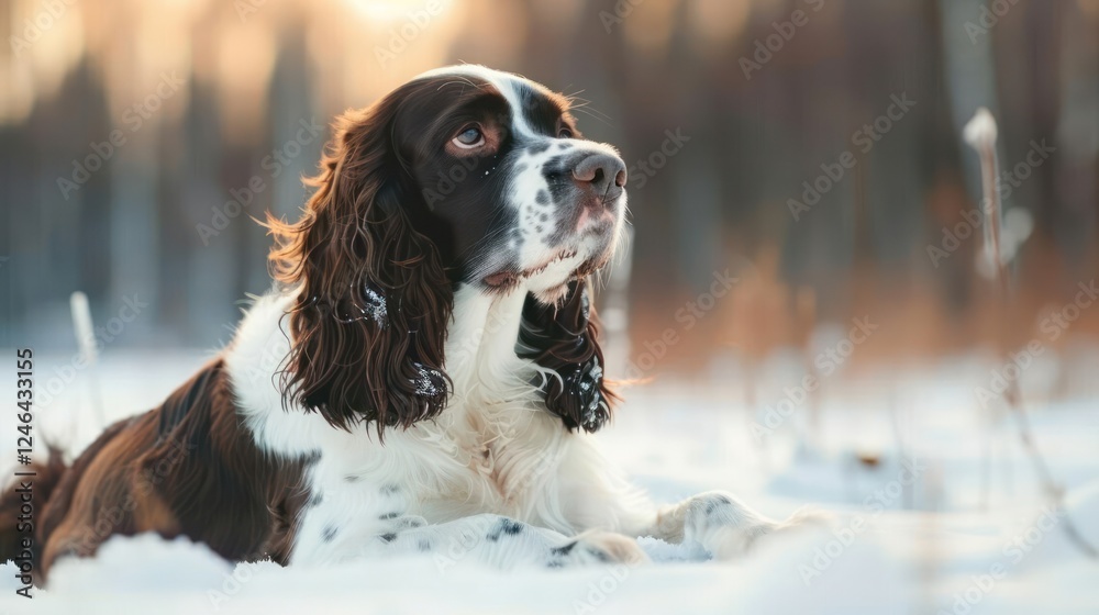 A serene springer spaniel rests in the snow, surrounded by a tranquil winter landscape A serene springer spaniel rests in the snow, surrounded by a tranquil winter landscape