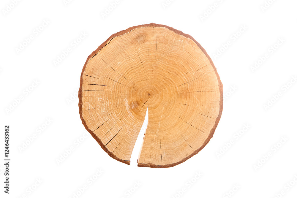 Obraz premium A circular wooden log slice with natural bark edges, visible growth rings, and deep cracks, isolated on a white background. Ideal for rustic decor, crafts, or woodworking