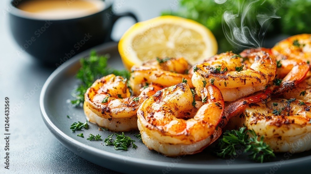 Plate of shrimp with coffee on a sleek modern workspace featuring a laptop and steaming cup Plate of shrimp with coffee on a sleek modern workspace featuring a laptop and steaming cup