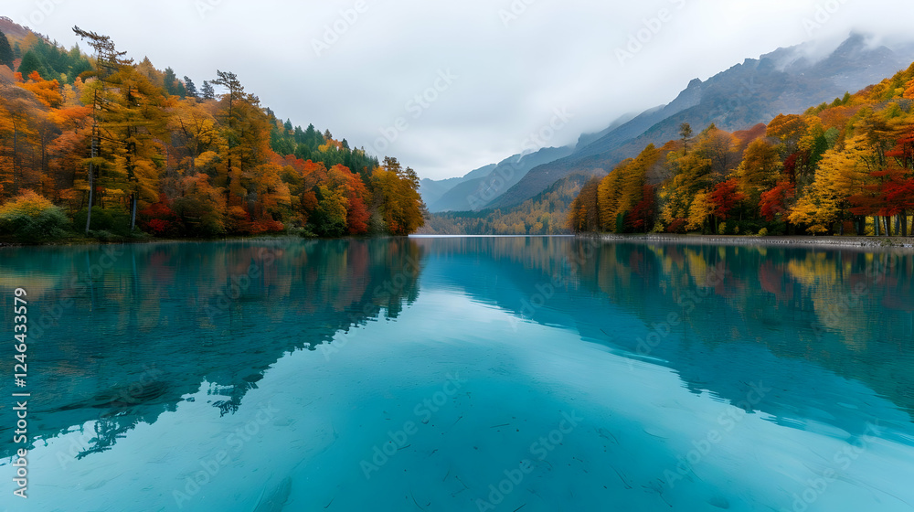 Tranquil autumn reflection on blue lake mountain landscape nature photography serene environment wide-angle view Tranquil autumn reflection on blue lake mountain landscape nature photography serene environment wide-angle view