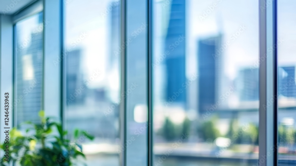 Fototapeta premium Blurred glass wall with a cityscape background creating a modern abstract effect. Contemporary urban architecture with a soft focus for banner design, business, and technology concepts