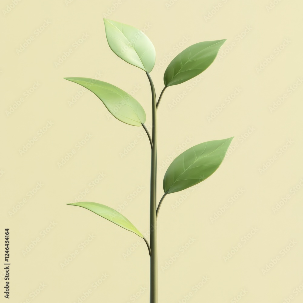 Fototapeta premium Fresh Green Plant Stem with Delicate Leaves on Neutral Background