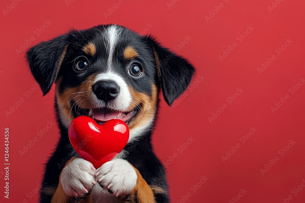 Promotion graphic visual design. Entlebucher mountain dog - my treasured dog. Cute entlebucher mountain dog pup with diamond red heart - emblem of love, funny greeting card. Cute animal love. Promotion graphic visual design. Entlebucher mountain dog - my treasured dog. Cute entlebucher mountain dog pup with diamond red heart - emblem of love, funny greeting card. Cute animal love.