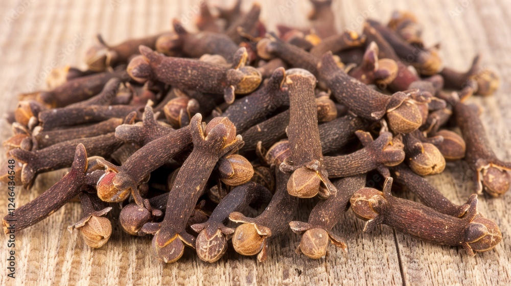 view of dried cloves placed on a wooden board view of dried cloves placed on a wooden board