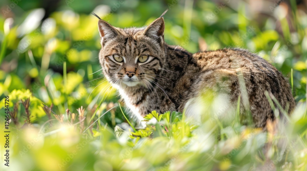 A lynx crouches in a vibrant green meadow, observing its surroundings in the wild A lynx crouches in a vibrant green meadow, observing its surroundings in the wild