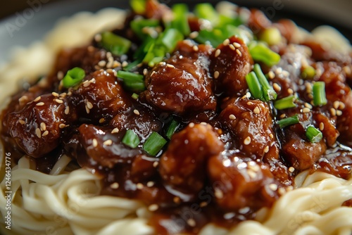 Close-up of General Tso's chicken on a black plate, with chopsticks and other Asian dishes in the background photo