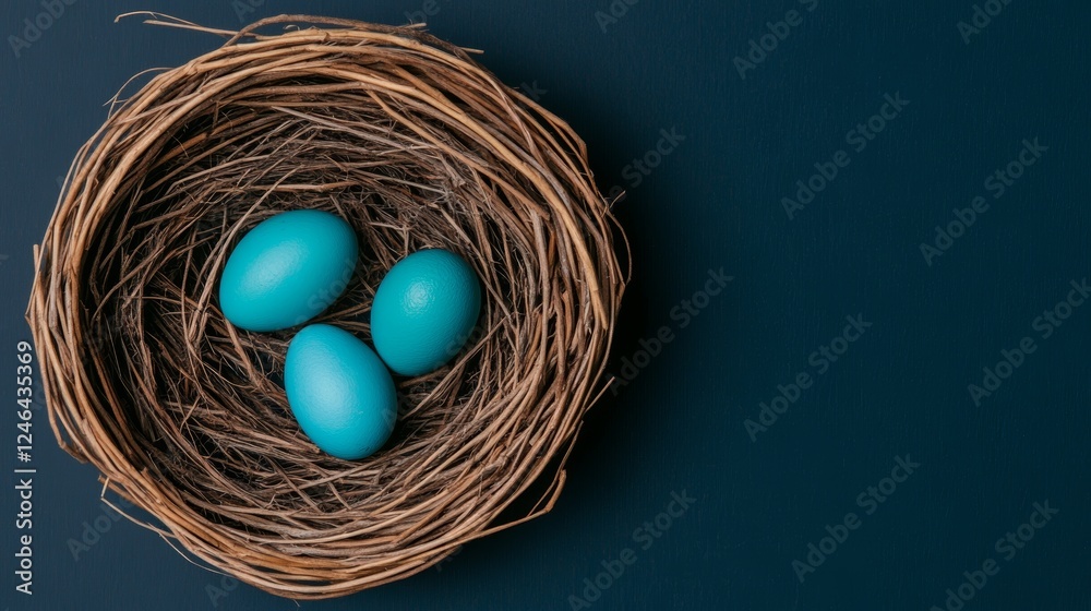Obraz premium Teal Easter Eggs Nestled in Rustic Bird Nest (1)