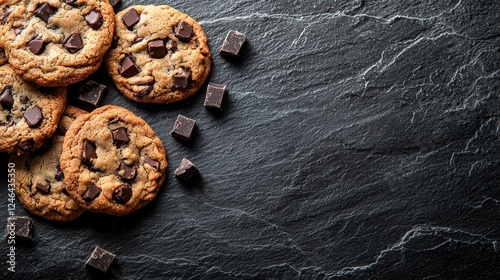 Freshly Baked Chocolate Chip Cookies on Dark Slate with Empty Space