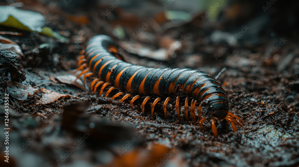 Obraz premium Bright Orange and Black Striped Centipede on Ground Surrounded by Leaves and Dirt