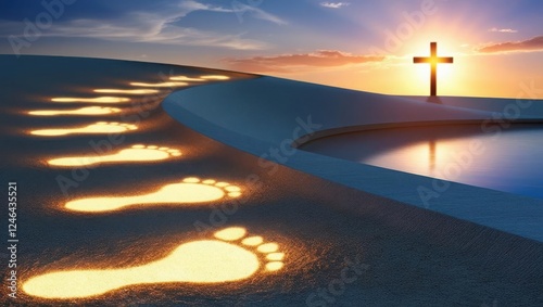 Christ prayer eternity. A serene beach scene at sunset, featuring glowing footprints leading to a cross by the water, symbolizing faith and guidance.