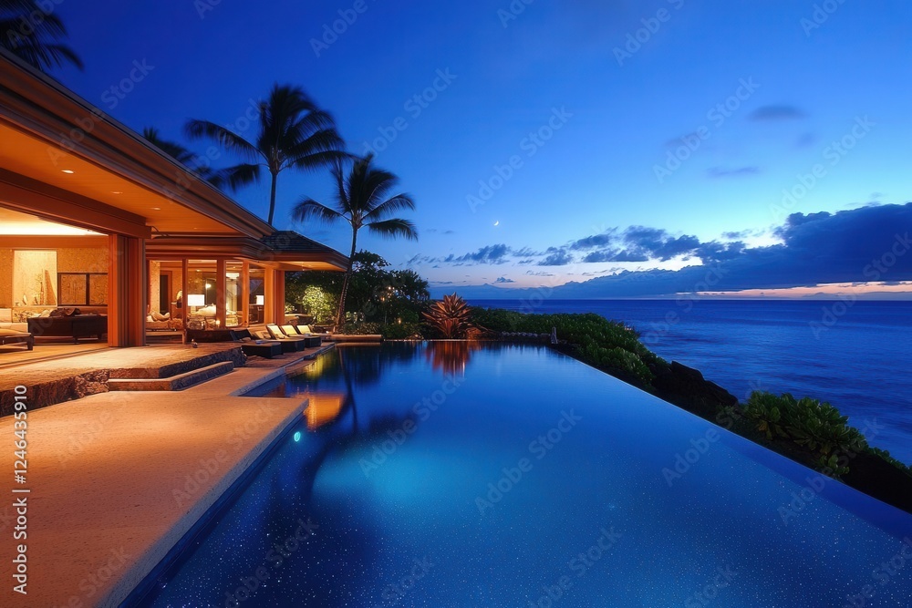 Fototapeta premium infinity edge pool overlooking a bioluminescent ocean, surrounded by modern architecture and palm trees, illuminated by ambient lighting and a full moon